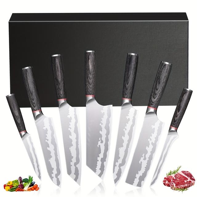 TEMU 7pcs Kitchen Knife Set, High Knife Set, Stainless Steel , Sharp And Durable, Rustproof And Easy To Clean, With Wooden Handle, Box Packaging, Suitable For Holiday Gifts, Home Gifts