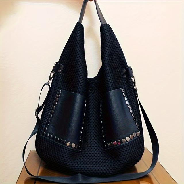 TEMU Vintage-Stil Nylon-Schultertasche für Frauen, Große Kapazität Einfarbige Tote mit Festen Trägern und Reißverschluss, Polyester Gefütterte Handtasche