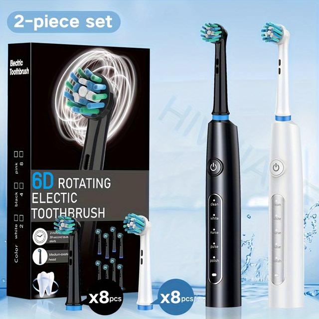 TEMU 2pcs Smart Rotating Electric Toothbrush, 16 Replaceable Brush Heads, Different Color Combinations, 5 Cleaning , Type-c Charging, Reminder, Suitable For Daily Home And Travel - Best Gift For