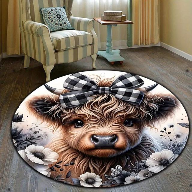 TEMU 1pc Highland Cow And Floral Pattern Area Rug, Round Easy-clean Large Carpet For Living Room/bedroom/living Room/kitchen/balcony/dining Area/hallway/office, Home Decor, Outdoor Rug