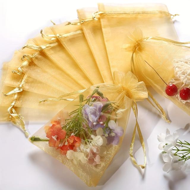 TEMU 100pcs Golden Sheer Organza Gift Bags, 4x4.72 Inches - Elegant Drawstring Candy & Jewelry Bags For Weddings, Christmas, Parties, And Special Occasions, Small Gift Bags