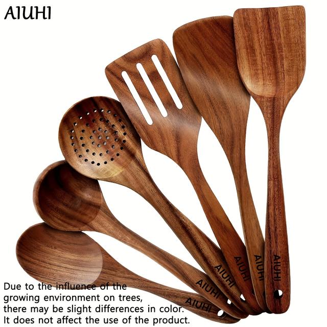 TEMU AIUHI 6 Piezas de Cucharas de Madera para Cocinar, Utensilios de Cocina de Madera, Utensilios de Cocina Antiadherentes de Madera