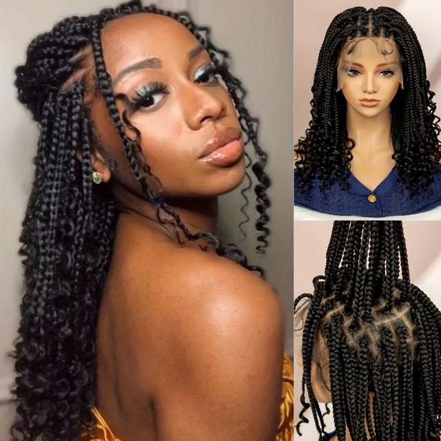TEMU Full Lace Wig Pure Hand-woven Braid Headpiece Black With Flying Wig Headpiece