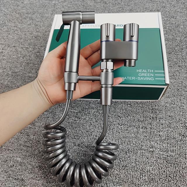 TEMU A Portable Toilet Companion Set, Featuring A Wall-mounted Angle Valve Kit With 1 Inlet And 2 Outlets, Including A Stainless Steel Spray Gun, A Retractable Phone Hose, And A Holder