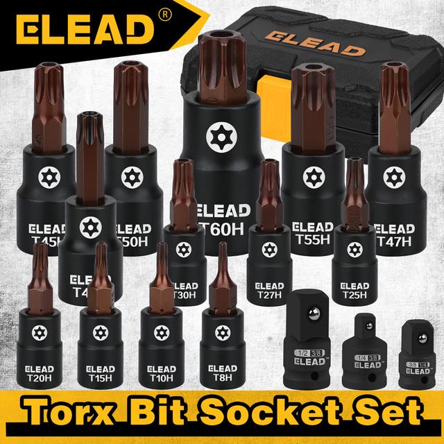 TEMU Elead 13pcss Hex Socket Set With 3pcs Adapter Kit, S2 Steel, Hexagonal Head, Precision Cnc-machined Bits, Laser- Sizing, Cr- , Torx Bit Socket Collection