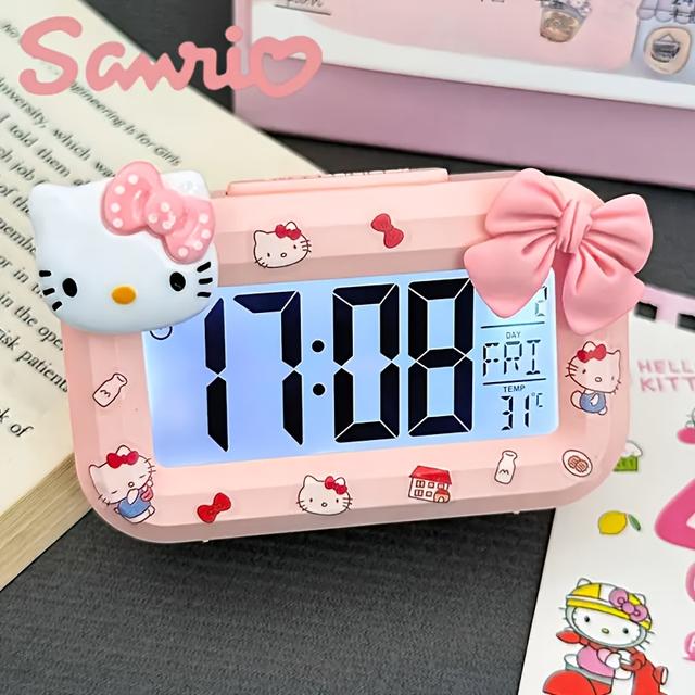 TEMU Hello Kitty Pink Alarm Clock With Night Light & Diy Bow Stickers - Silent Non-ticking Bedside Clock Suitable For,, Dorm Room, Cute Anime Room Decor Gift