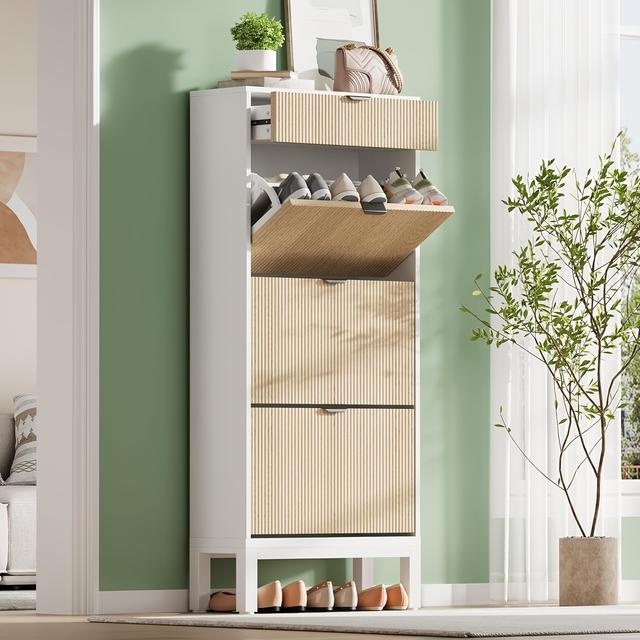 TEMU Freestanding Shoe Organizer With 3 Flip Fluted Doors And 1 Drawer | Narrow Shoe Rack With Metal Legs For Front Door Entrance, White And Oak, Contemporary Style By Warmtobaby