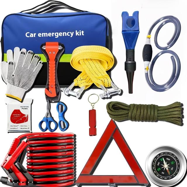 TEMU 12pcs Car Emergency Kit Set - Multifunctional Vehicle Rescue Tools, Essential Gear For Car Enthusiasts, Includes Jumper Cables, Tire Pressure Gauge, And More, Without Battery