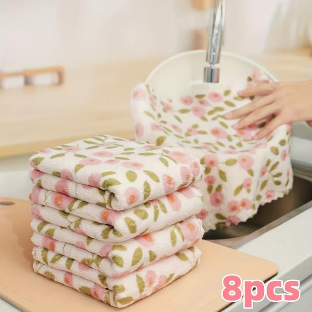 TEMU 4uds 8uds SEIMAINURS Paños de Vellón Coral | Altamente Absorbentes, Secado Rápido, Toallas Suaves Multiusos para Cocina, Vajilla, Baño y Detalles del Coche, de Poliéster, Tema de Flores
