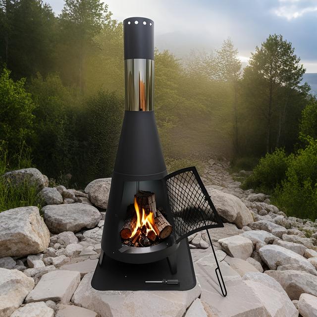 TEMU Cheminée de jardin extérieure avec porte en pour voir , Chiminea en fer noir légère et portable, outils de montage