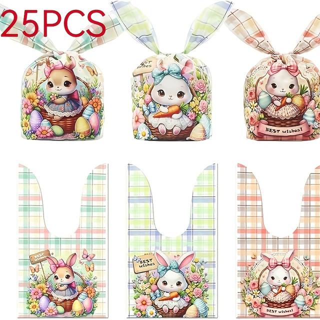 TEMU Gift For Her/him 25pcs Classic Plaid Stripe Easter Bunny Ear Gift Bags (23cm×13.8cm) | Easter Home Decor, Party Supplies & Friend Gift Favors