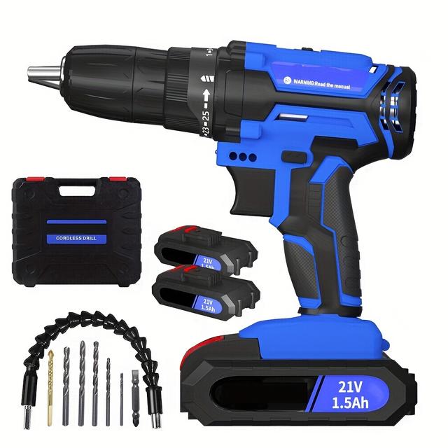 TEMU Perceuse Fil avec Batterie au Lithium de 2x1500mAh, Tournevis Fil 21V Couple de 45Nm, 25+Niveaux de Couple, 2 Vitesses, Lumière LED et Boîtier pour DIY