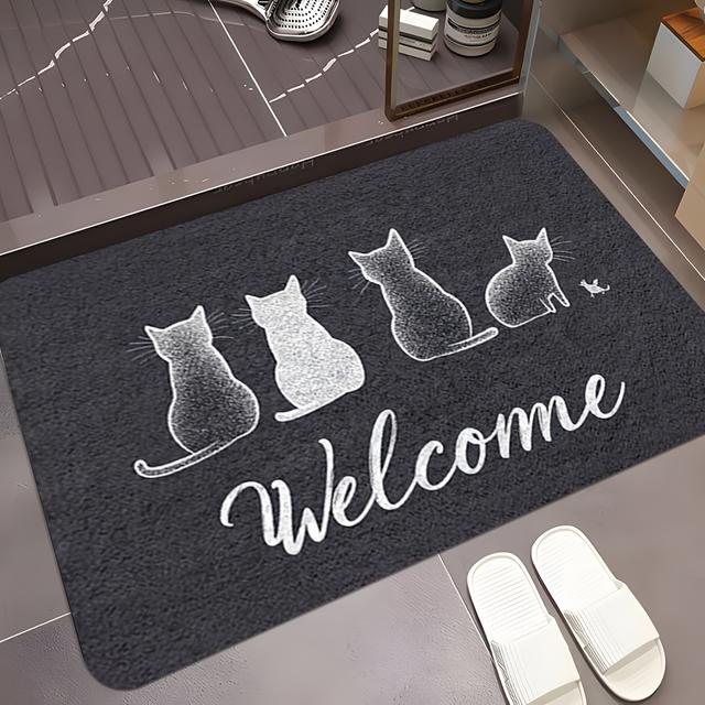 TEMU 1pc "welcome" Cat Silhouette Non-slip Door Mat - Black With White , Plush Bathroom Mat, Machine Washable, Rectangular Home Decor Door Mat, Ideal Gift For Cat Lovers.