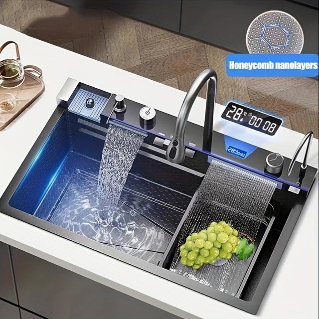 TEMU Deluxe Stainless Steel Kitchen Sink - Large Single Basin With Waterfall Feature, Thickened For Durability, Faucet Included - Modern Gunmetal Grey Design. Honeycomb Nano Protective Coating.