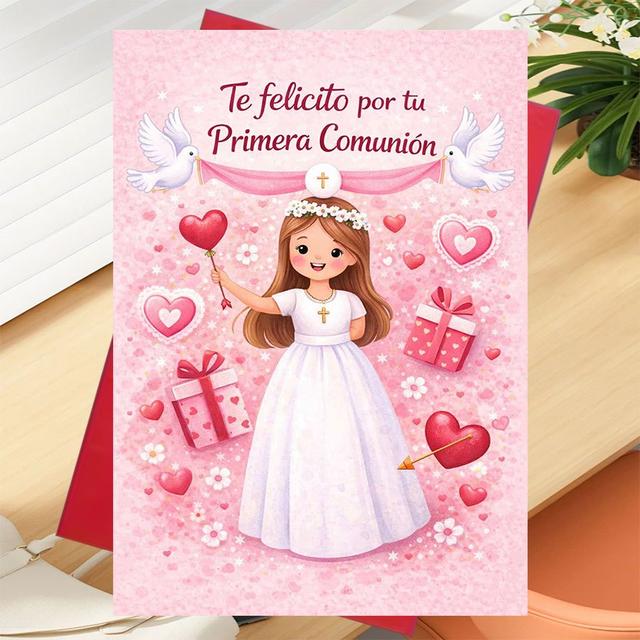 TEMU 1 Tarjeta de felicitación + 1 sobre - tarjeta de Primera Comunión para niñas pequeñas, regalada por para su