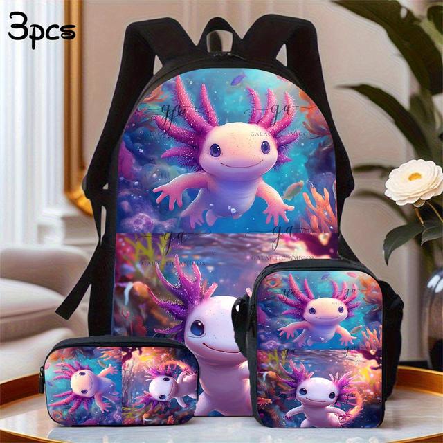 TEMU 3pcs Axolotls Backpack Set - Vibrant Polyester School Bag, Lunch Bag & Pencil Case For Students, Hand-washable, Father's Day & Graduation Gift Idea, Student Backpacks|vibrant Design|zipper Closur