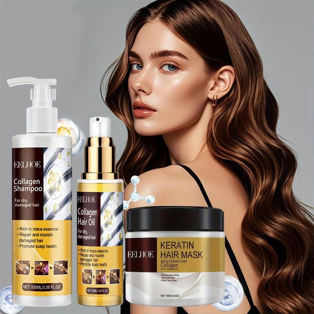 TEMU Collagen Hair Care Kit, Including Hair Mask, Hair Oil And Conditioner, Moisturizing, , Enhancing Brightness, Suitable For And Damaged Hair Types, Travel Essential Kit