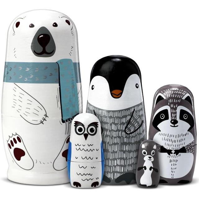 TEMU Handcrafted 5pcs Polar Bear Nesting Doll Set - Christmas & Birthday Gifts, Party Decorations - White/blue/black