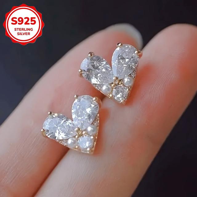 TEMU A Pair Of Exquisite Heart-shaped 925 Sterling Silver Stud Earrings -3.4g/ 0.12oz-18k Gold Plated With Synthetic Zirconia And Luxury - Perfect For Women's Date Earrings As Valentine's Day Gifts
