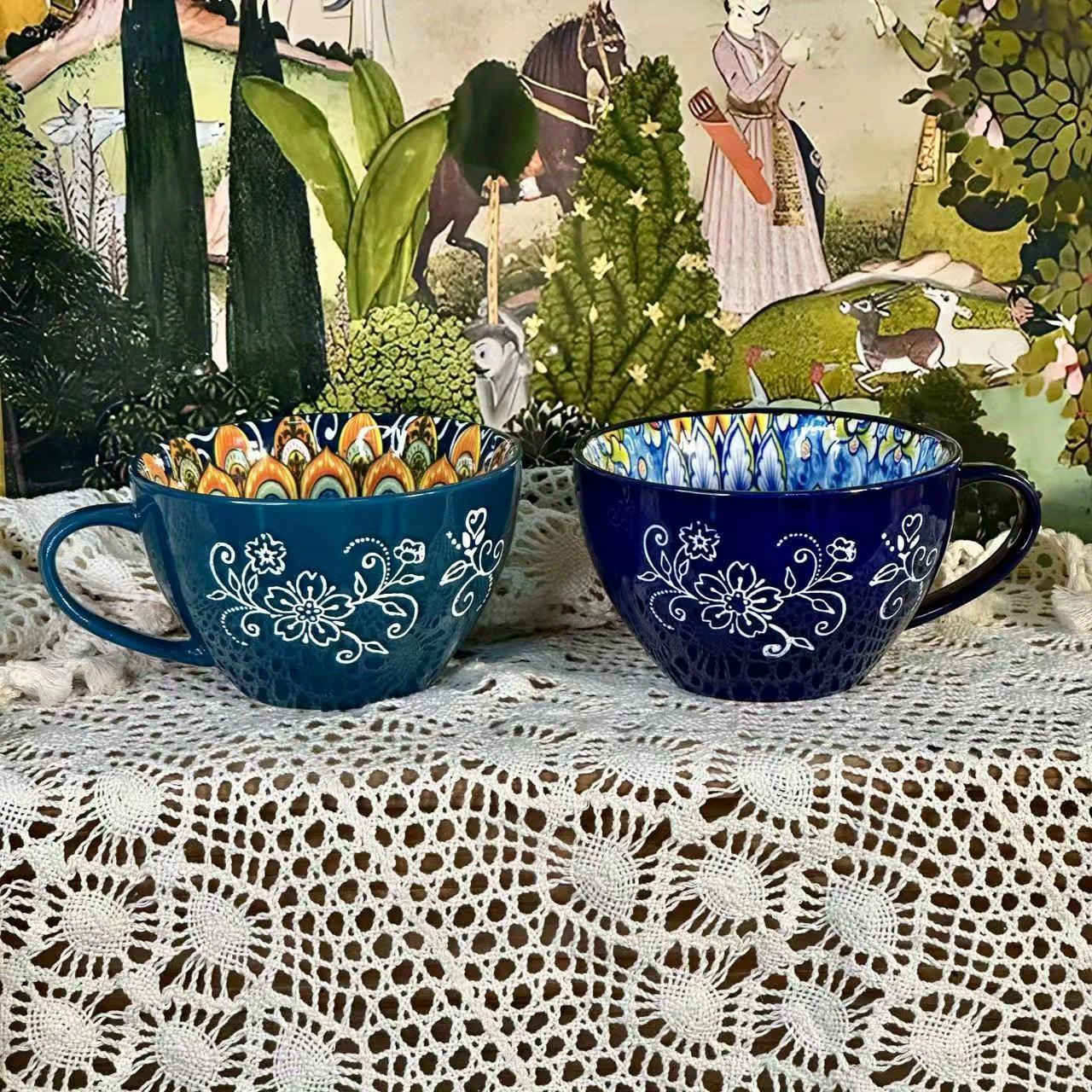 TEMU Mug Set Of 2, Ceramic Large Cups 16oz/ 500ml- Porcelain Cups For Latte, Tea, Cappuccino, , Soup, Dishwasher, Microwave Safe, Bohemian Style