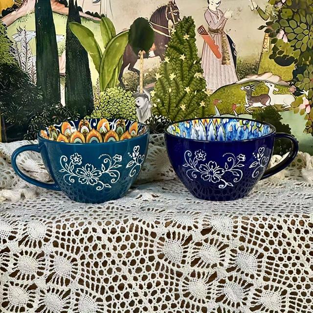 TEMU Mug Set Of 2, Ceramic Large Cups 16oz/ 500ml- Porcelain Cups For Latte, Tea, Cappuccino, , Soup, Dishwasher, Microwave Safe, Bohemian Style