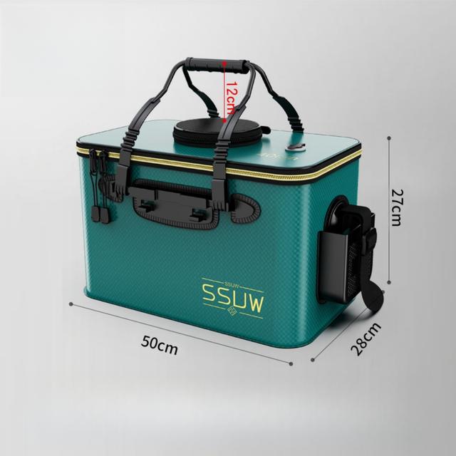 TEMU 32リットル 折りたたみ式厚手フィッシングバケット - 高品質ポータブル生魚収納、人間工学に基づいたハンドル＆クロージャー付き、アウトドア用耐久性ギア ・キャンプ・釣り用品（ブラック/グリーン）、携帯型魚収納｜モダンなフィッシングバケツ｜折り畳みデザイン、釣り具