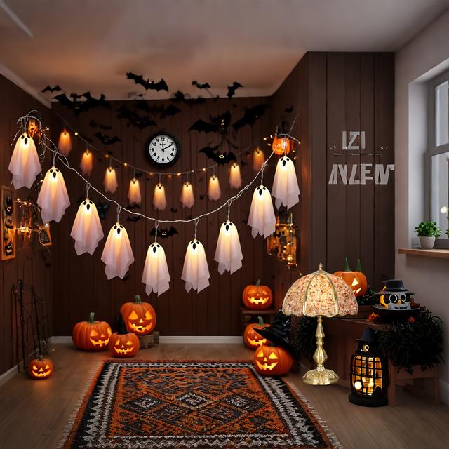TEMU ケビナの10個セットの電池式ハロウィン吊り下げライト、8つのモード、恐ろしい白とのストリン、ハロウィンLED装飾ライト、光る布のライト、ハロウィンの部屋の装飾、フェスティブな照明、パーティーの装飾、神秘的な照明、テーマ装飾、軽量デザイン、電池駆動、LEDセット、ハロウィンの屋外装飾、ハロウィンの屋内装飾、ハロウィンの家庭用装飾、ハロウィンの屋外ライト、ハロウィンのライト