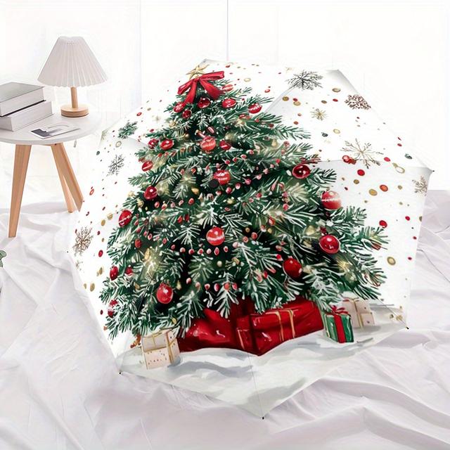 TEMU 1 Stück Weihnachtsbaum Dekorierte Automatische Faltende Regenschirm - Kompakt & Leicht, 8-Rib Design, Rot & Grün Feiertagsmotiv, für Outdoor Festliche Geschenke, Weihnachtsdekoration