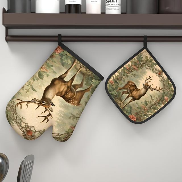 TEMU 2pcs Deer & Floral Heat-resistant Oven Mitts - Stylish Black & , Perfect For Baking & Cooking, Decor & Housewarming Gift, Baking Essentials|decorative Kitchenware|polyester Mitts