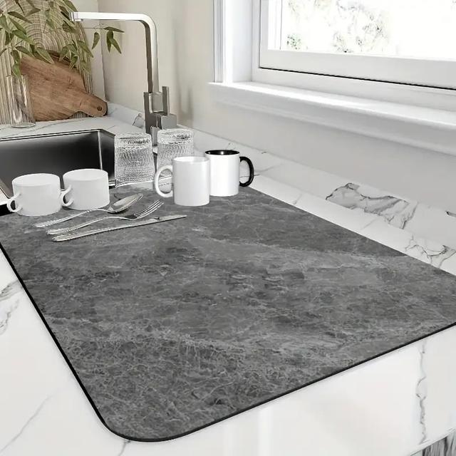 TEMU 1pc Elegant Gray Marble Design Super Absorbent Kitchen Countertop Drying Mat - Non-slip Quick-dry Surface, Washable, Coffee Machine Mat And Dish Drainer, Suitable For Modern Kitchen Decor