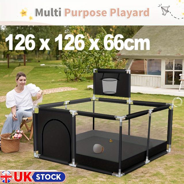TEMU Large 48"x24"x68" Portable Dog Playpen With Basketball Hoop & Storage Basket - Sturdy Metal Frame, Safety Yard Activity Center For Puppies, Easy Assembly, Black