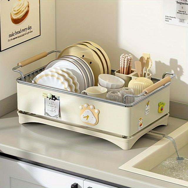 TEMU Ein Küchenablage aus Edelstahl zum Abtropfen von Geschirr.