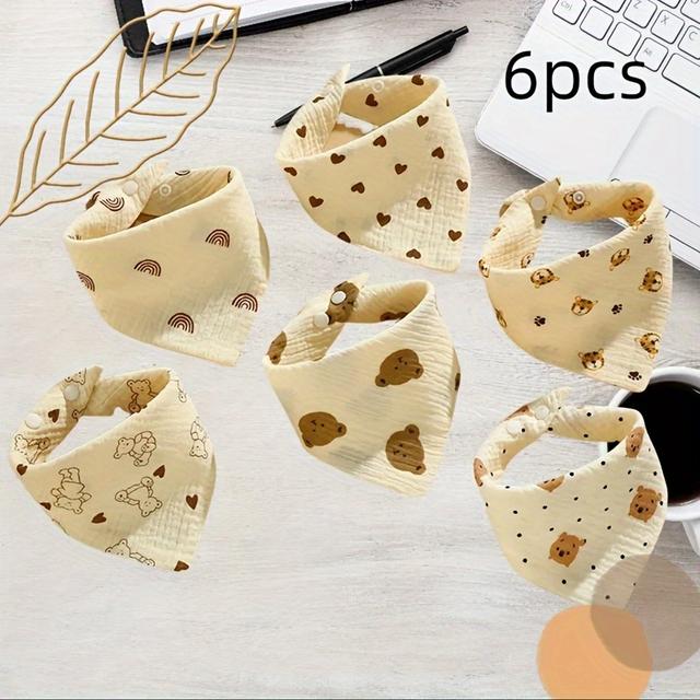 TEMU 6pcs Bibs With Snap Closure, Woven Cotton, Bear And Heart Designs In Beige
