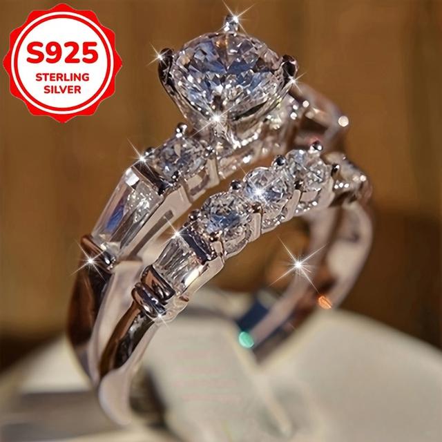 TEMU A Set Of 2 Women's Engagement And Wedding Rings, S925 With Moissanite Moissanite, A Luxurious Round Gemstone Suitable For Daily Wear And Weddings, And A Christmas Holiday Gift