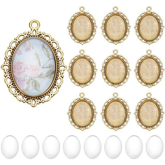 TEMU Superdant 60pcs Alloy Oval Pendant Making Kit With Glass Cabochons, Crafting Set For Christmas Thanksgiving New Year's Gifts, Blank, Pendant Making Kit, Golden