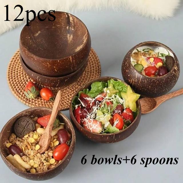 TEMU Conjunto de 12 Tigelas de Tailandesa (6 Tigelas + 6 Colheres) - Madeira Adequada para , Iogurte, Sobremesas, e Grãos - Louça para Restaurantes, Festas, Jantares Temáticos Tailandeses
