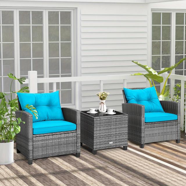 TEMU Costway 3pcs Patio Rattan Sofa Set, Outdoor Wicker Conversation Set, Solid Tempered Glass Tabletop, Heavy-duty , Wicker Chair Set For Poolside, Backyard, Easy Assembly