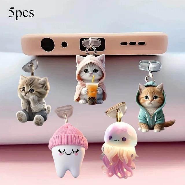 TEMU Set Of 5 Type-c And Interface Dust Plugs For Mobile Phones - Unique Additions Featuring A Cat Charm, Designed For Charging Ports And Headphone Jacks, Made From Acrylic In A 2d Flat Design