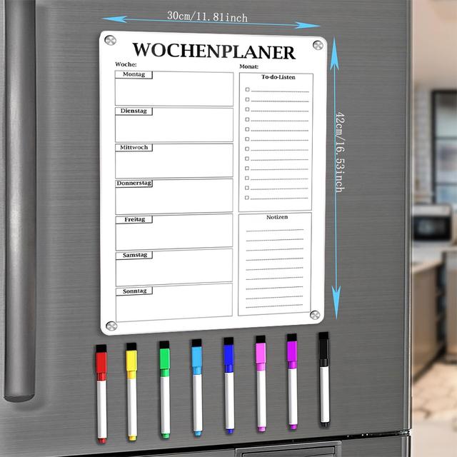 TEMU Magnetischer Wochenplaner (Deutsch) - Wiederverwendbarer Kühlschrankkalender (16,5 x 11,8 Zoll) mit 8 waschbaren Farbmarkern, für tägliche Termine, Aufgabenverfolgung und Zielmanagement
