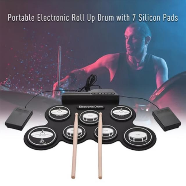TEMU Bateria Eletrónica, 7 Pads Enroláveis, Kit de Bateria Midi Portátil com Coluna Integrada/Pedais/Jack para Auscultadores, Ótimo Presente de Natal para Iniciantes