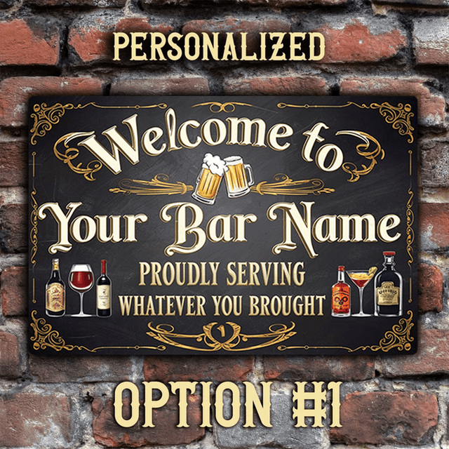 TEMU 1pc For Bar Welcome Sign - Warm & Stylish 8x12" Aluminum Wall Decor For Home For Bars, With Your, Featuring Beer Mugs, Wine Glasses & Spirits Bottles Design, Bar Owners, For Bar Accessories