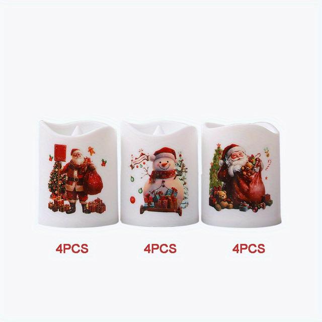 TEMU 12pcs Christmas Led Candles, Flameless Candle, Candle With Christmas Pattern, Santa Claus, Snowman Candles, Warm White, Battery-powered, Suitable For Dining Tables, And Christmas Decorations