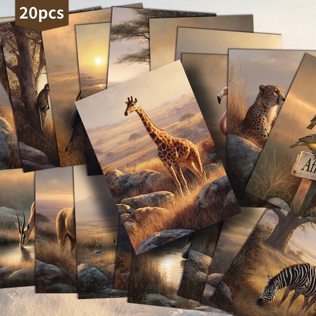 TEMU 20 Pack African Wildlife Paper Postcards - 4x6 Inches Junk Journal Paper, Classic Pinup Illustrations, Collectible Decorative Painting Cards For Scrapbooking & Crafting