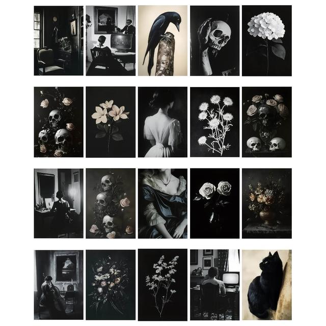 TEMU 20 sztuk, Zestaw kartek horrorowych, czarna czaszka, kruk, kartka papierowa, dekoracje ściene, odpowiednie do kolekcji/prezentu/wysyłki