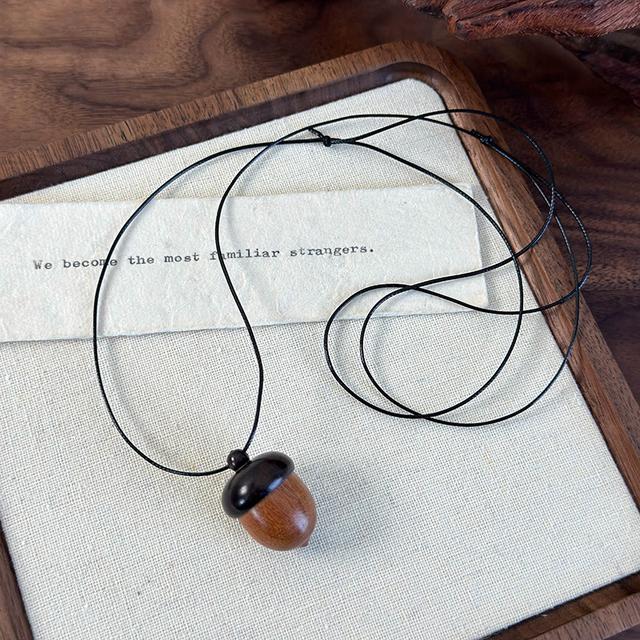 TEMU Vintage Sandalwood Pendant Necklace For Women - Openable Capsule Design, Natural Wood & Black Cord Minimalist Bohemian Jewelry For Everyday & Party Wear