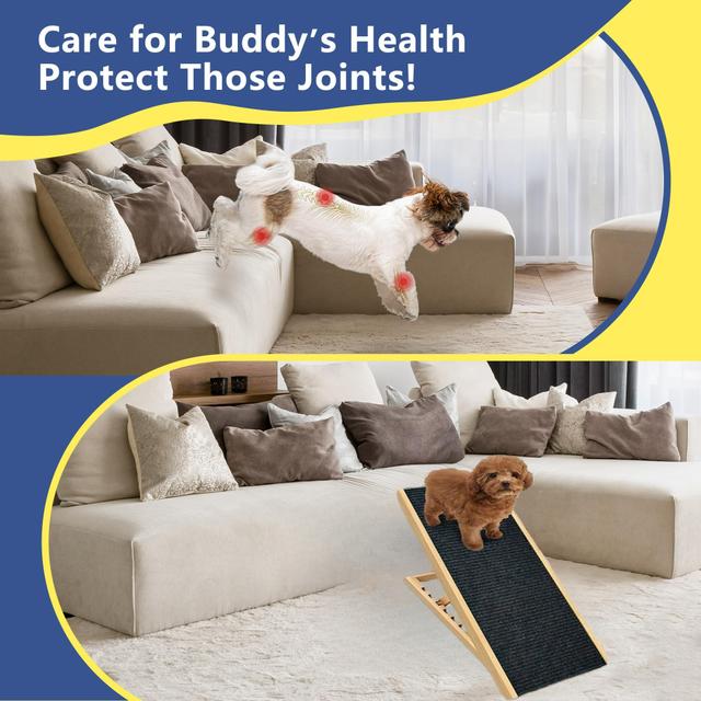 TEMU Rampa Ajustable para Mascotas de Madera | Base de Terciopelo Antideslizante + Cuerpo de Madera | Para Perros Pequeños a Medianos | para a Sofá/Cama/Vehículo, para Perros Mayores con Cuidado