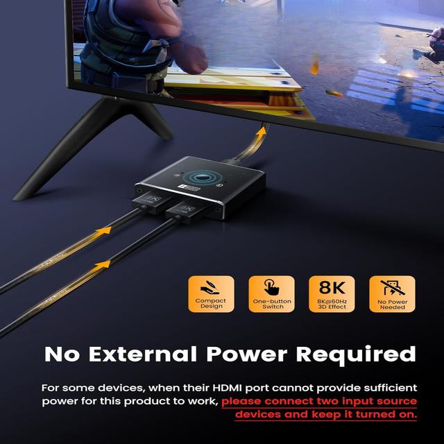 TEMU Commutateur HDTV 8K60Hz 4K120Hz 2 entrées 1 sortie en d'aluminium, compatible Ultra HD 8K60Hz/4K144Hz et PS5 (Noir) - Bi-directionnel