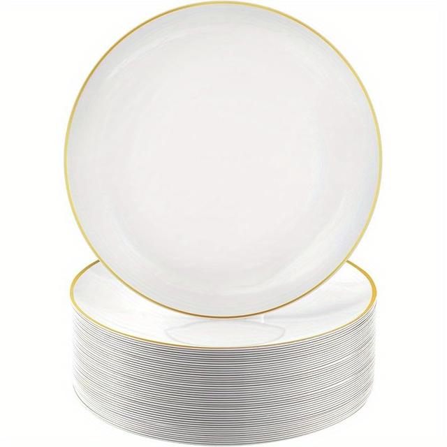 TEMU 100 Pcs Golden And White Plastic Plates, 7 Inch White Disposable Plates For Party, Plastic Dessert/salad Plates