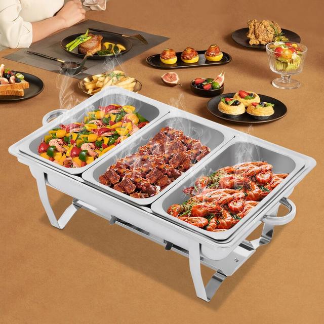 TEMU 9l 3-chamber Stainless Steel Heat Container With Folding Legs Professional Buffet Set For Catering, Buffets & Banquets ( Cooking)