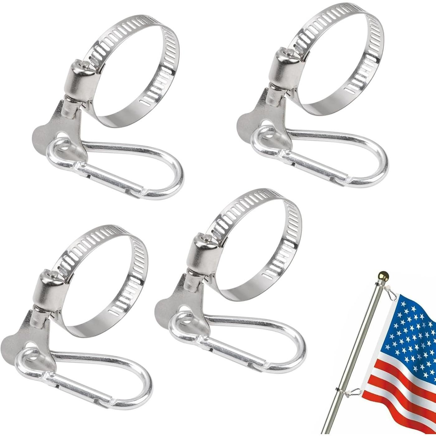 TEMU 4pcs Clips de mât de drapeau réglables, anneaux de mât de drapeau de 1"-1.5" avec , crochets de support de clip de mât de drapeau en acier inoxydable pour véhicule camion VTT bateau yacht